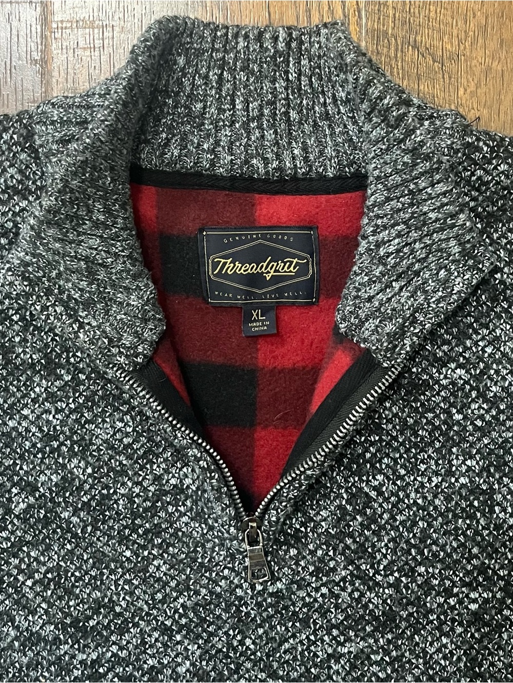 Threadgrit Men's Gray Knit Quarter-Zip Jacket with Red Plaid Lining